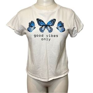 Women’s Cropped Good Vibes Only Blue Butterfly Short Sleeve Top